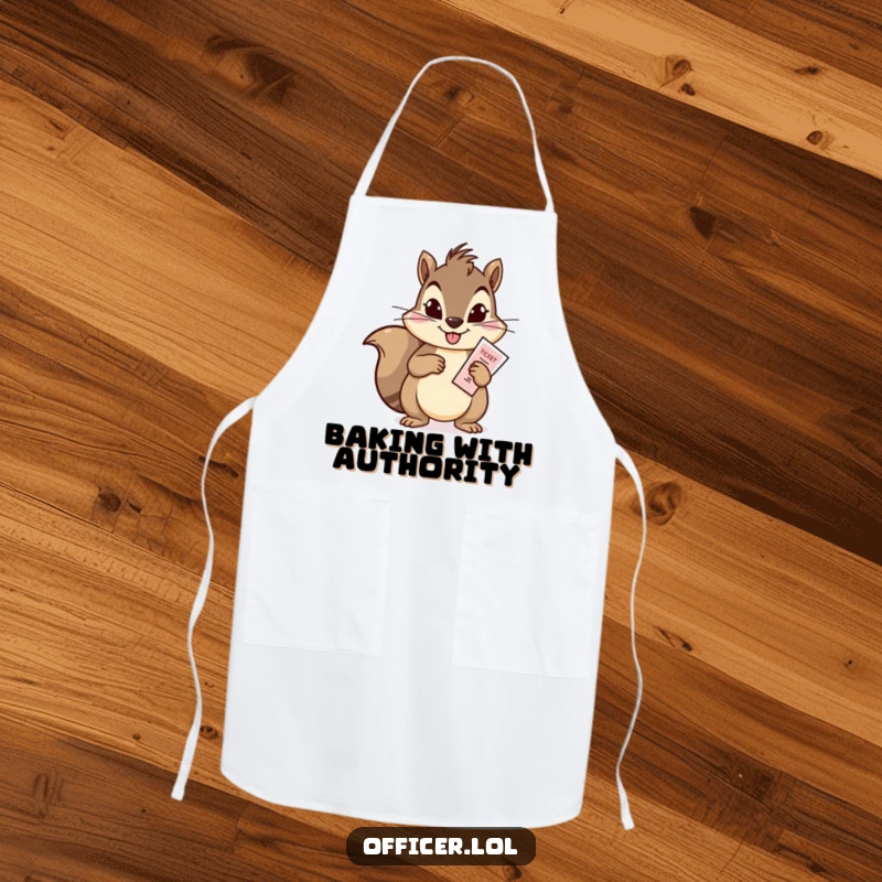 Funny apron with a mischievous squirrel issuing a ticket, ideal for a cook who enjoys adding humor to their culinary creations.