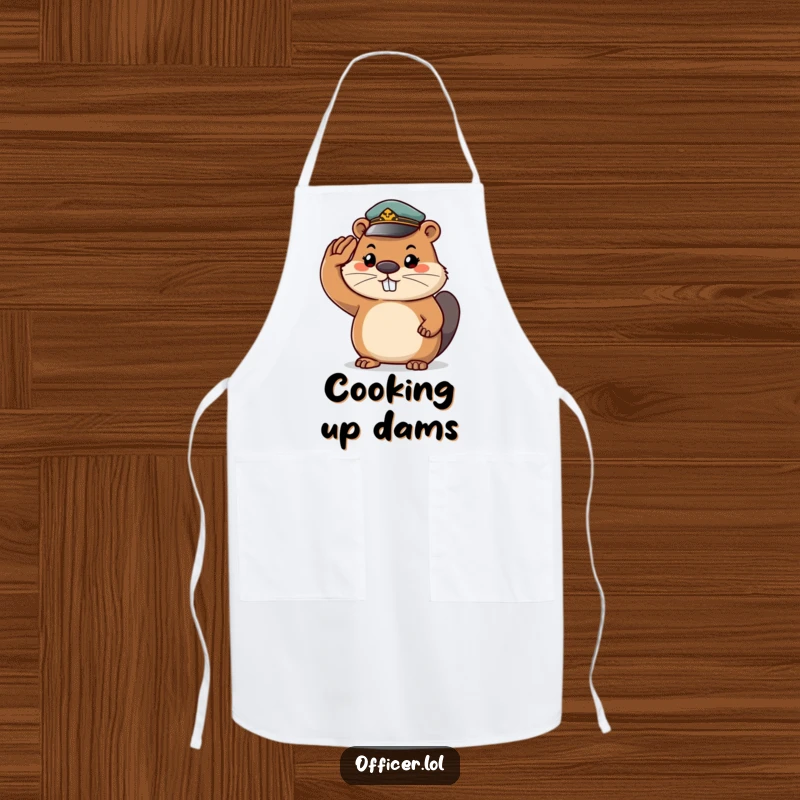Funny beaver apron, a determined beaver wearing a tiny cap and saluting, ready to cook up a storm with humor.