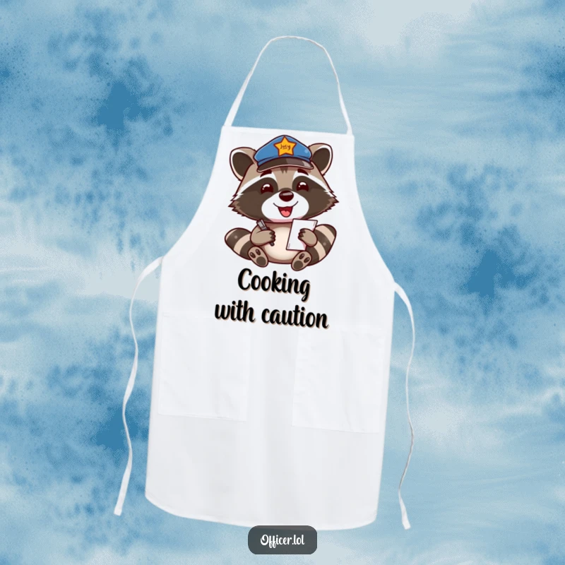 Funny Apron: Smiling raccoon in a patrol cap writes a ticket, perfect for kitchen fun and protection.