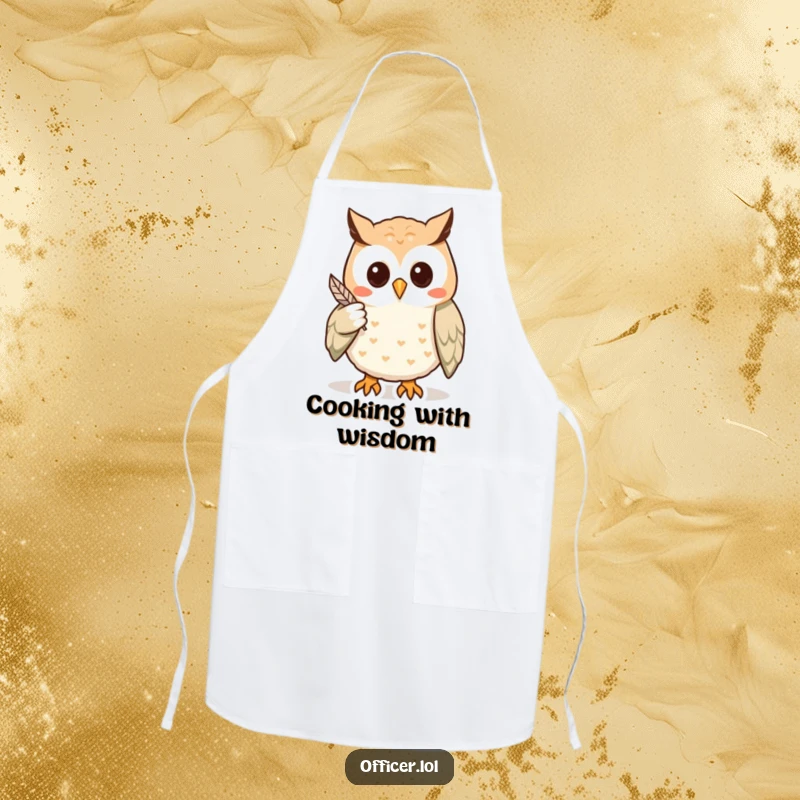 Funny apron with a wise owl pointing with a feather to a clue, perfect for a cook who enjoys adding a touch of mystery to their creations.