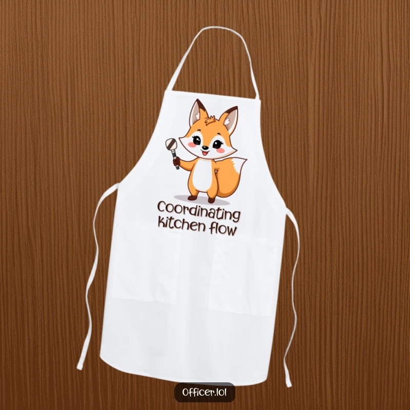 Funny fox apron, confident kitchen accessory with a playful fox directing traffic, striped baton and smile.