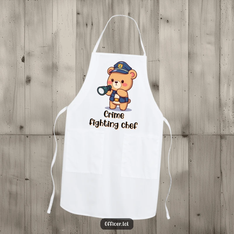 Funny police bear apron, a brave kitchen assistant wearing a police hat and holding a flashlight, adds humor to cooking.