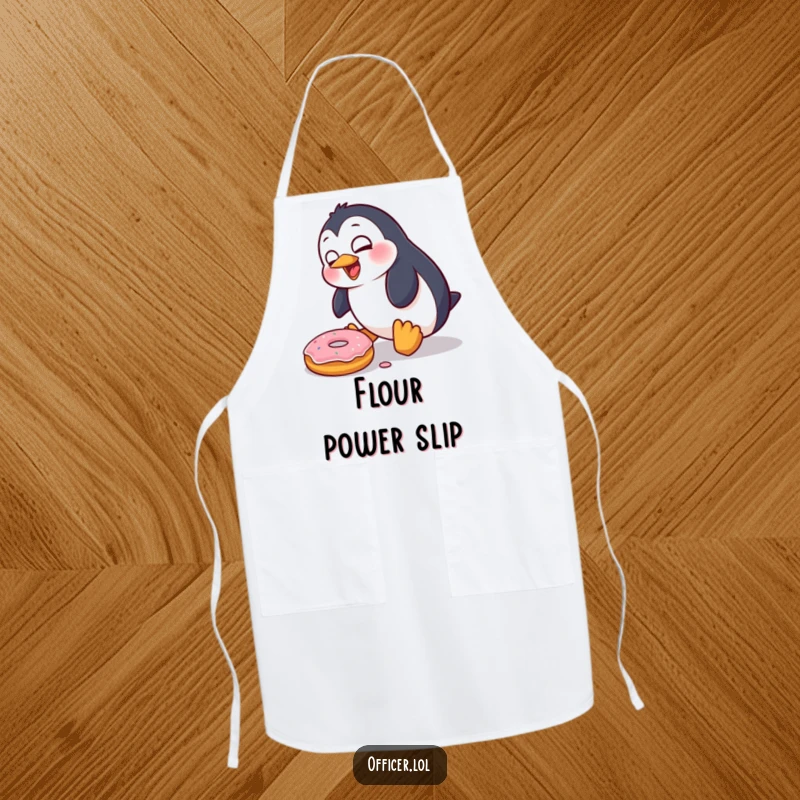 Funny Penguin Apron: A goofy penguin character hilariously trips over a donut while cooking, bringing a funny, cartoonish vibe to the kitchen.