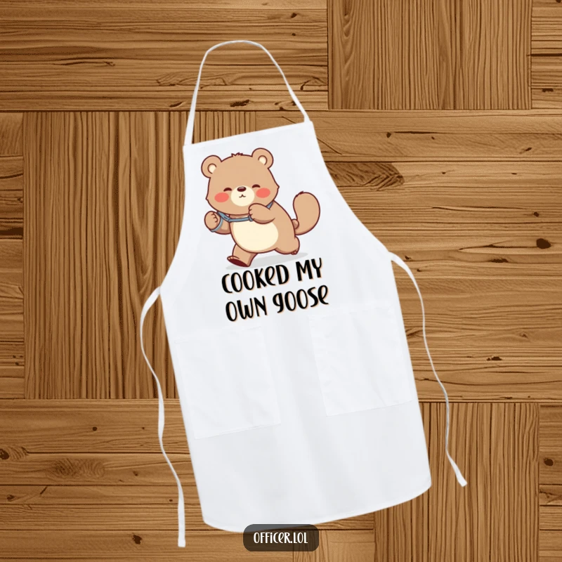 Funny apron with a bear in handcuffs playfully chasing its tail, a humorous kitchen accessory for those who cook with a smile.
