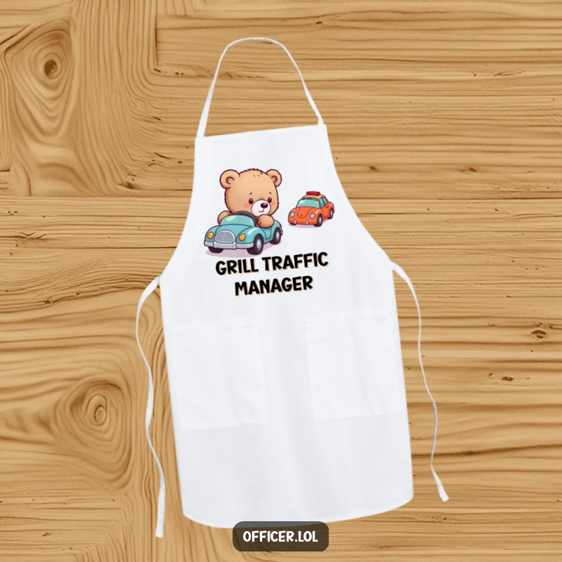 Funny Bear Cub Traffic Apron: A whimsical apron showing a gentle bear cub carefully directing a line of toy cars, perfect for the kitchen leader.