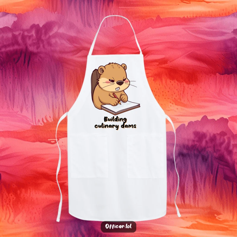Funny apron showcasing a stern beaver concentrating on writing, perfect for a chef who takes their cooking (and humor) seriously.