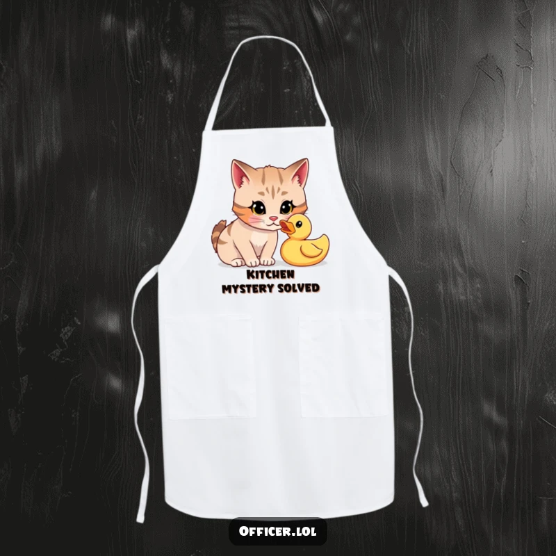 Funny apron featuring a focused cartoon cat staring curiously at a rubber duck, ready for kitchen investigations.