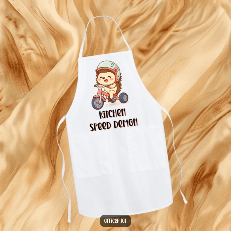 Funny apron with a giggling hedgehog wearing a helmet and riding a tricycle, perfect for a cook who enjoys adding joy to their creations.