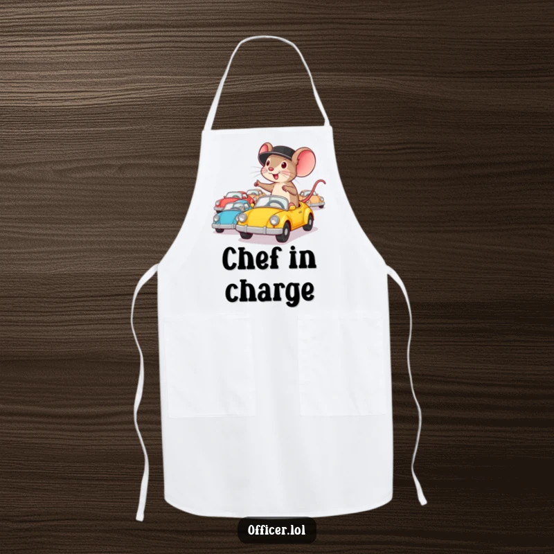 Funny apron showcasing a determined mouse wearing a hat, enthusiastically directing tiny cars, ideal for kitchen focus.