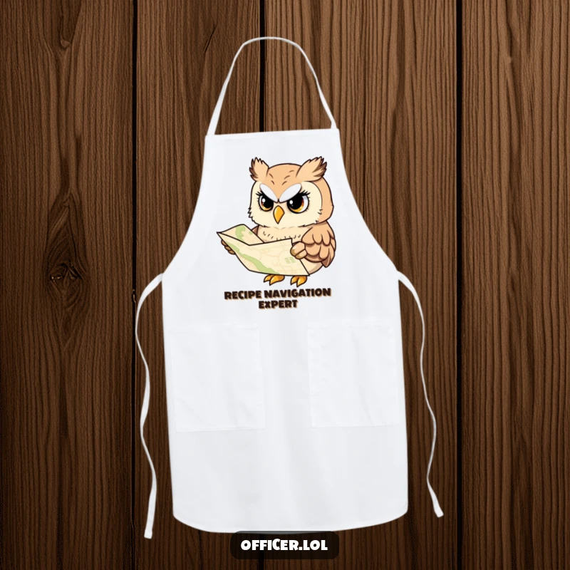 Funny apron featuring a wise owl studying a map, perfect for cooking or crafting with a cheerful attitude.