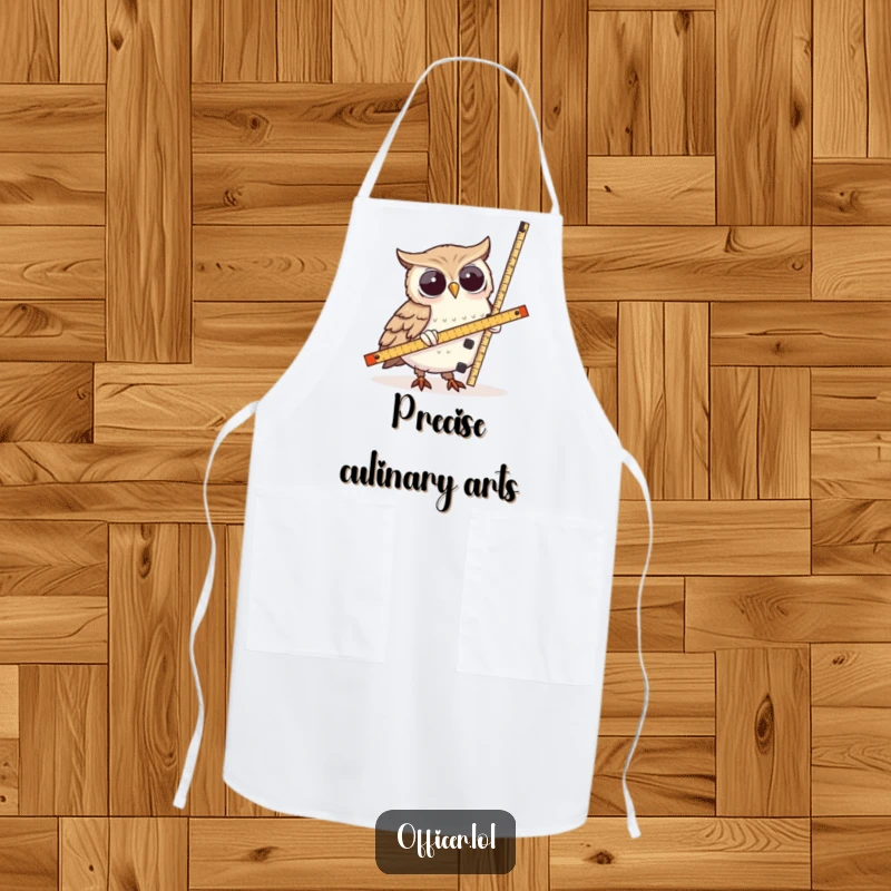 Funny Owl Apron: A wise owl character measuring a lopsided tower, ideal for keeping track of recipes or kitchen tasks with humor.