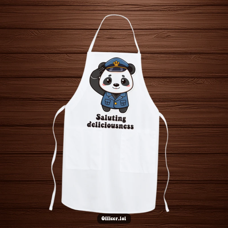 Funny apron featuring a playful panda in uniform saluting with a proud smirk, ideal for kitchen duties and humor.