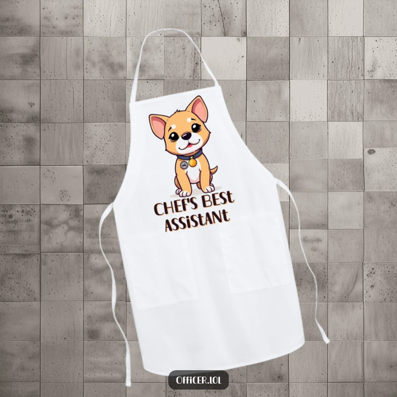 Funny puppy apron, determined kitchen accessory with a puppy wearing a tiny badge, standing tall.
