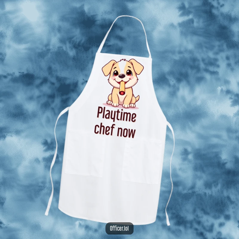 Funny apron showcasing a cheerful puppy blowing a whistle with an excited grin, adding a splash of culinary fun and humor.