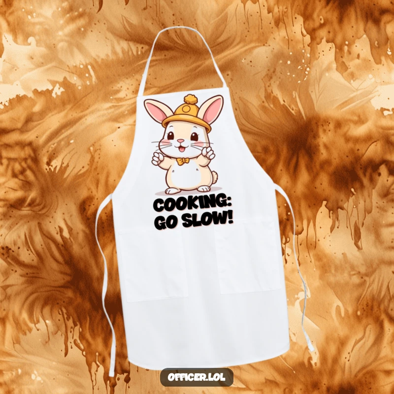 Funny apron with a playful rabbit in a hat directing traffic with energetic paws, ready for culinary duties.