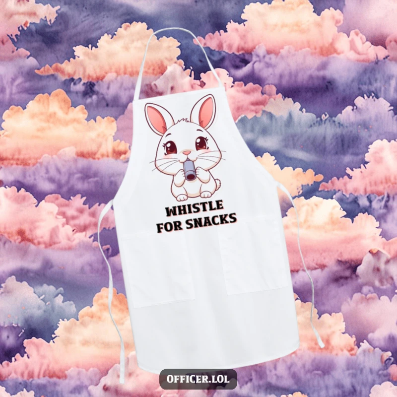 Funny rabbit apron, joyful kitchen accessory with a happy rabbit blowing a small whistle, wide joyful eyes.