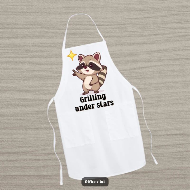 Funny apron featuring a playful raccoon character excitedly pointing towards a bright, shining star.