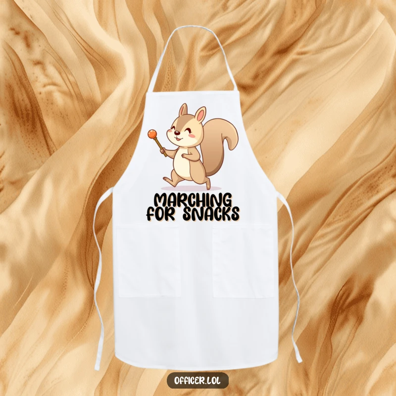 Funny chef apron with a cheerful squirrel marching with a tiny pretend baton. Humorous and practical for kitchen use.