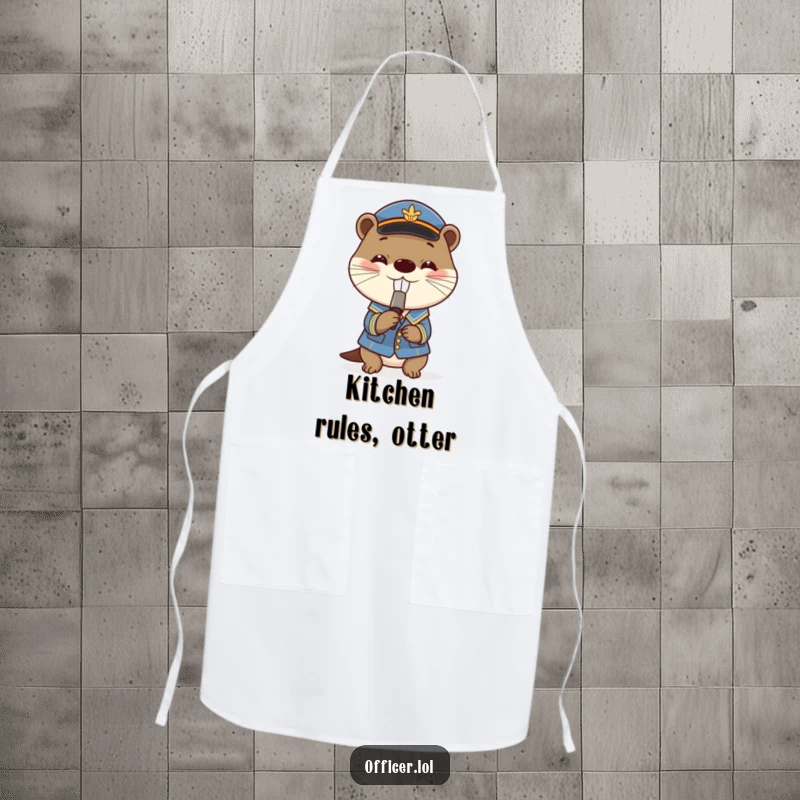 Funny apron showcasing a playful otter in a small uniform blowing a tiny whistle with a grin, ideal for kitchen fun.