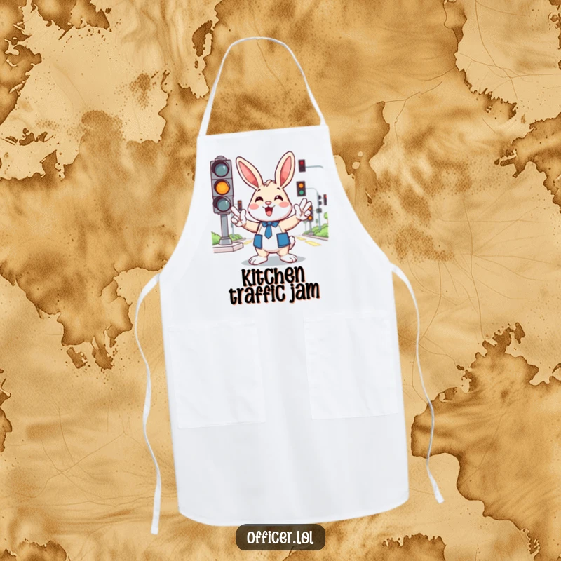 Funny apron featuring a cheerful cartoon bunny directing traffic with enthusiastic paw gestures, bringing order to the kitchen.