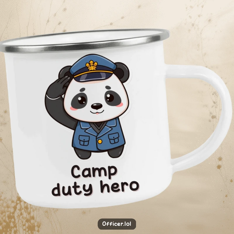 Funny camping mug with a playful panda in uniform saluting with a proud smirk, perfect for outdoor enjoyment.