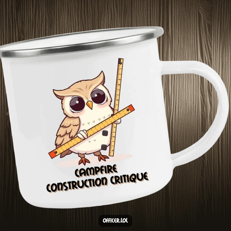 Funny Owl Camping Mug: A wise owl measures a lopsided tower, making it a functional and humorous companion for outdoor adventures.