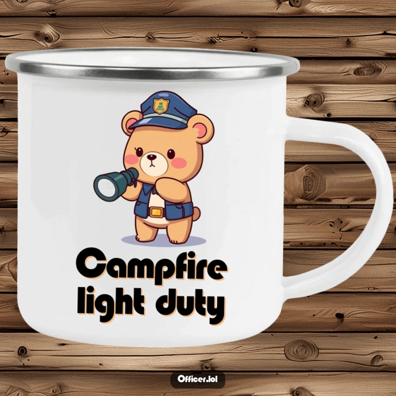 Funny police bear camping mug, a durable and humorous drinkware featuring a brave officer ready for outdoor adventures.