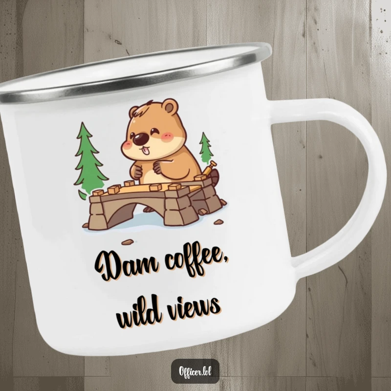 Funny camping mug showing a diligent beaver wearing a hard hat, managing bridge construction in an outdoor setting.
