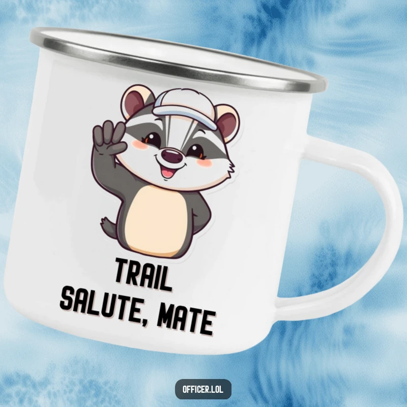 Funny camping mug with a jovial badger saluting, sturdy and ready for outdoor escapades.