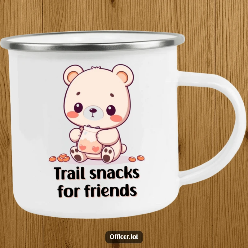 Funny Bear Cub Camping Mug: A sweet bear cub character shares treats, making it a delightful companion for outdoor beverage enjoyment.