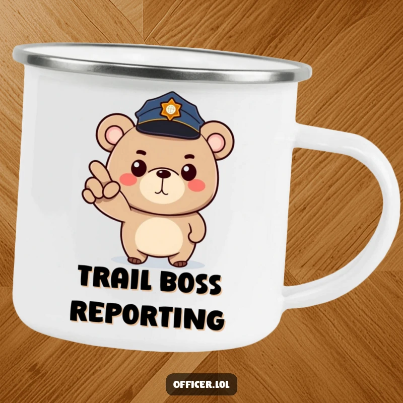 Funny camping mug with a determined cartoon bear police officer pointing forward, bringing stern hilarity to outdoor trips.