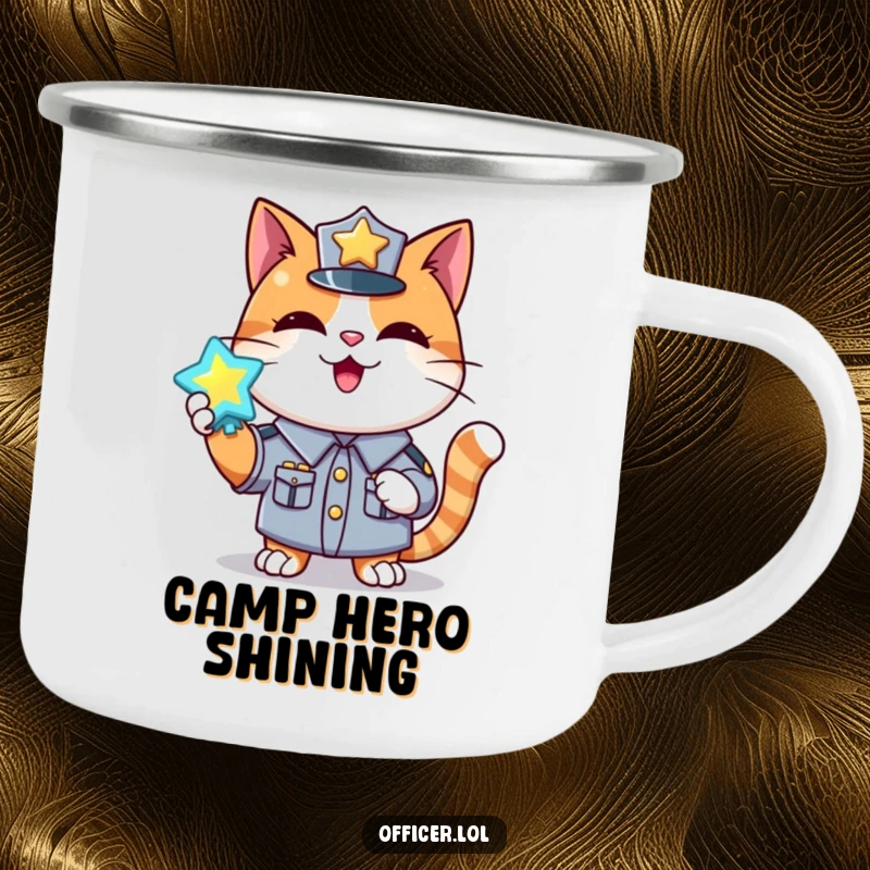 Funny camping mug with a happy cat in uniform holding a shiny, glowing badge, great for travel pride.