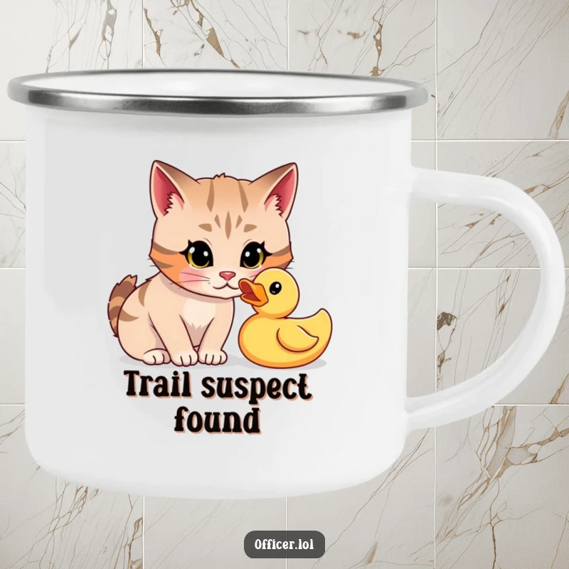 Funny camping mug with a focused cartoon cat giving a playful, curious stare to a rubber duck, for outdoor investigations.