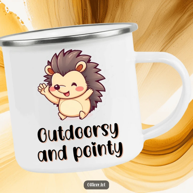 Funny Camping Mug: Playful hedgehog gives a cheerful salute with its paws, designed for happy outdoor sipping.