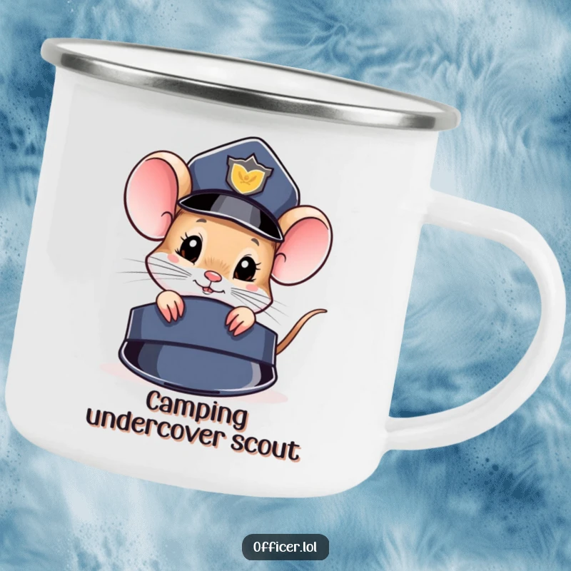 Funny Camping Mug: Curious mouse peeks from behind a police hat, designed for happy outdoor sipping.