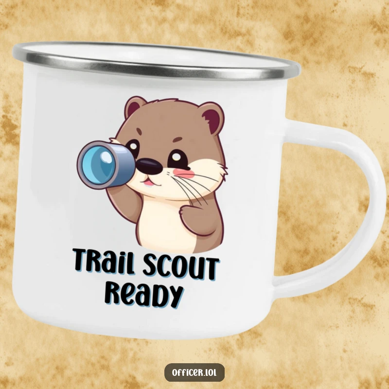 Funny camping mug with a cute otter character peering through a spyglass with a focused but joyful gaze.
