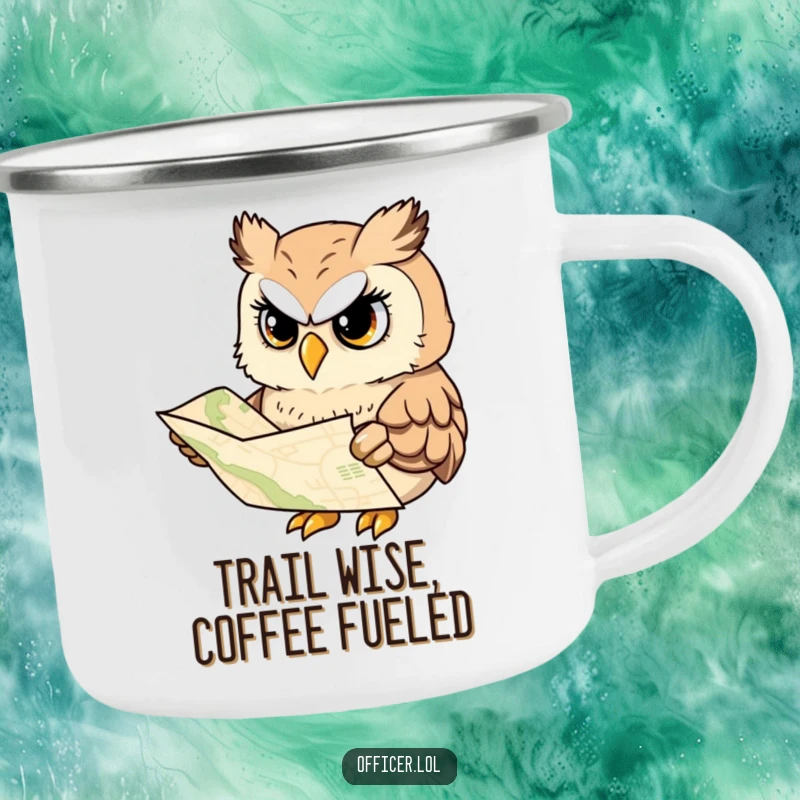 Funny camping mug featuring a wise owl studying a map, ready for any outdoor exploration adventure.
