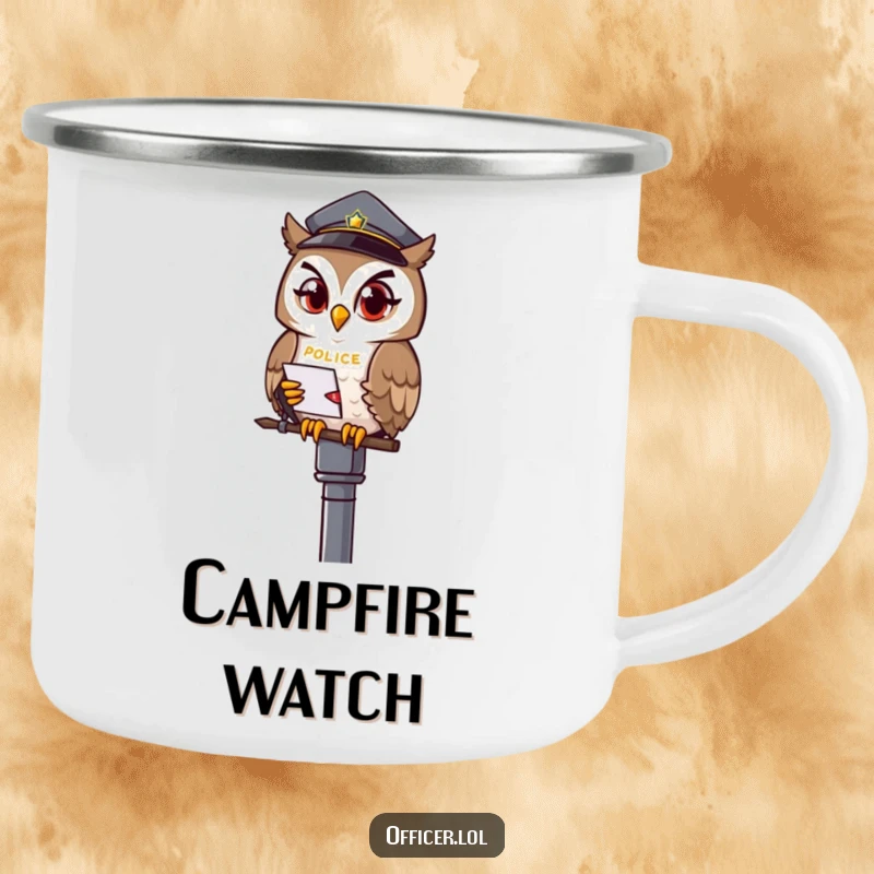 Funny owl officer camping mug, enamel design with a winking owl on a lamppost, ideal for campers.