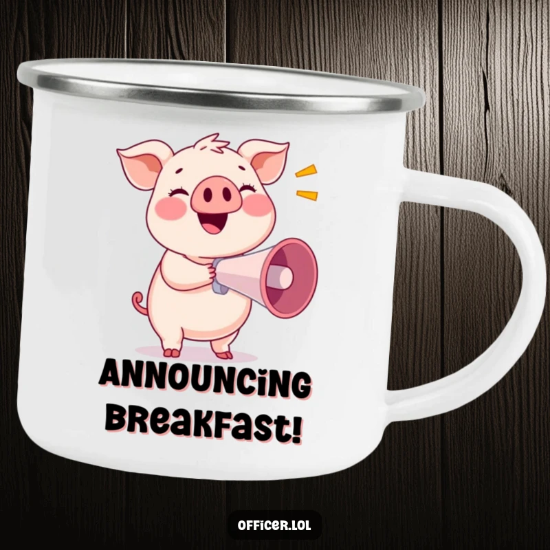 Funny camping mug with a smiling pig holding a megaphone, ready to announce adventures outdoors.