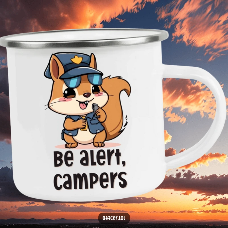 Funny squirrel officer camping mug, durable enamel with a determined squirrel, ideal for campers.