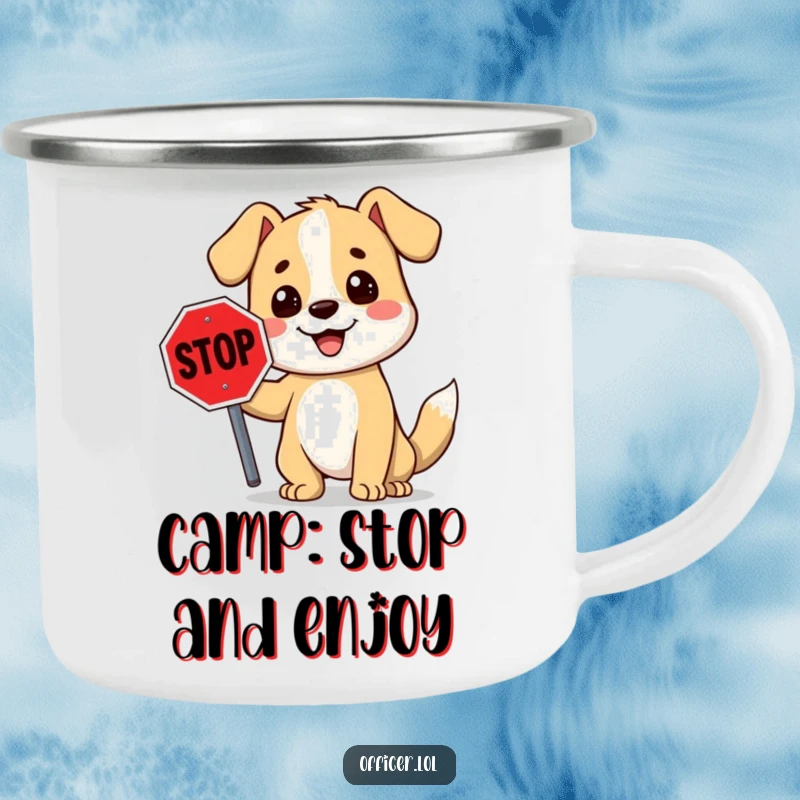 Funny stop sign dog camping mug featuring a smiling cartoon dog holding a stop sign, perfect for outdoor adventures.