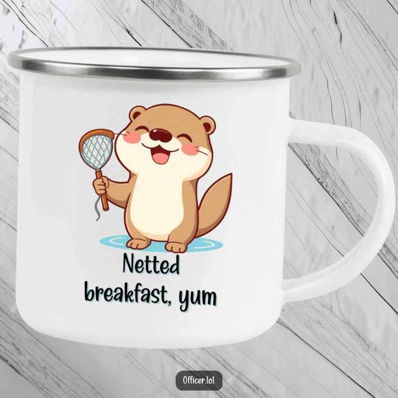 Funny Camping Mug: Delighted otter holds a net with a triumphant smile, designed for happy outdoor sipping.