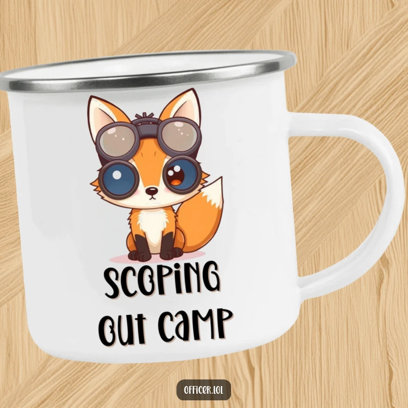 Curious fox peering through large binoculars, depicted on a camp mug for observant outdoor enthusiasts who love to explore.