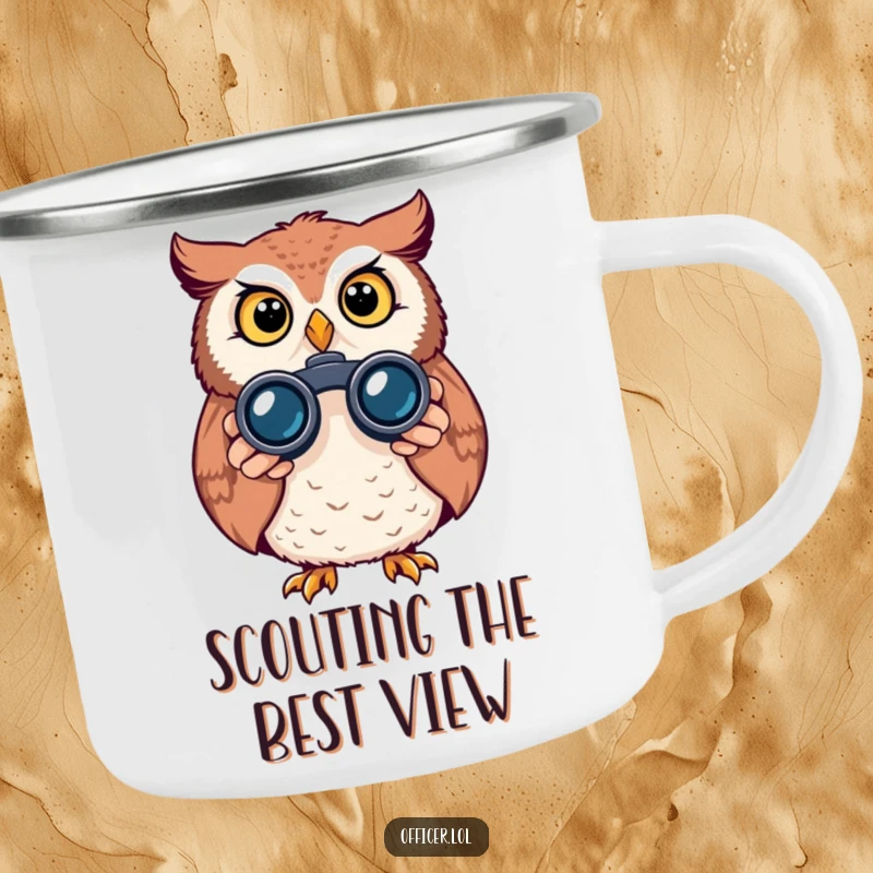 Funny owl camping mug, durable enamel cup with a curious owl using binoculars, alert and bright expression.