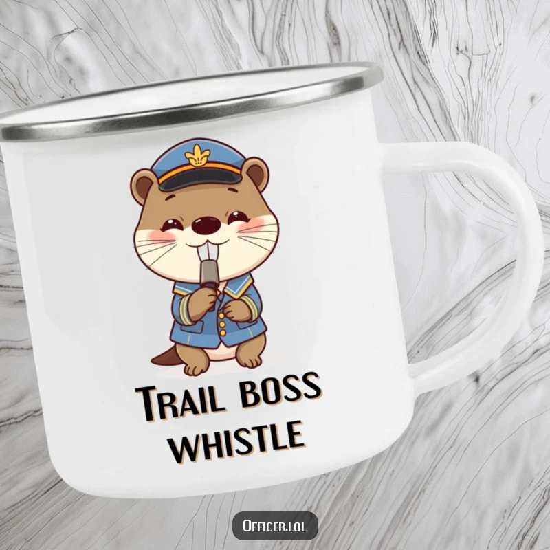 Funny camping mug with a playful otter in uniform blowing a tiny whistle with a grin, great for outdoors.