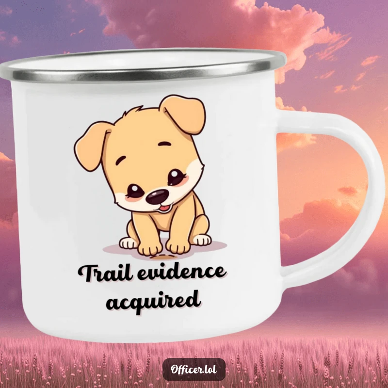 Funny Dog Camping Mug: A happy dog character examines a small footprint, ready for outdoor investigations and morning coffee.
