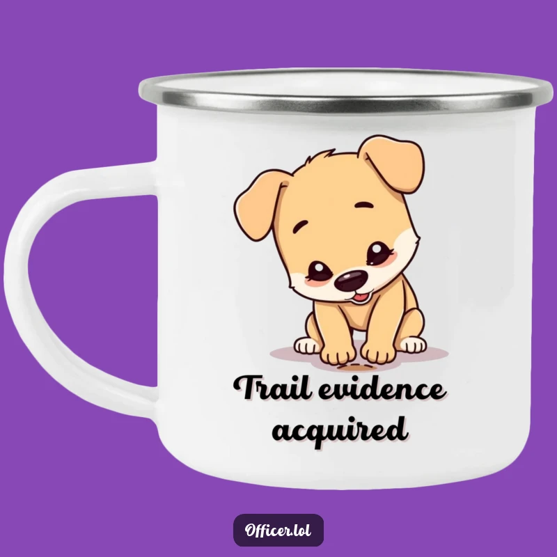 Funny Dog Detective Camping Mug: Adventure-Ready Canine Investigating a Tiny Footprint