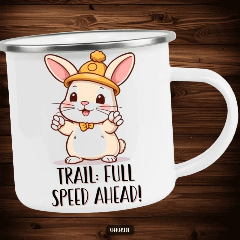 Funny camping mug showing a playful rabbit with a hat directing traffic with enthusiastic paws, ready for the outdoors.