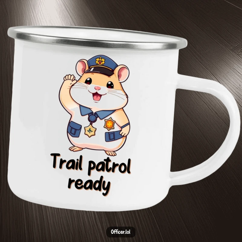 Funny hamster officer camping mug, durable enamel with a saluting hamster, ideal for outdoor trips.