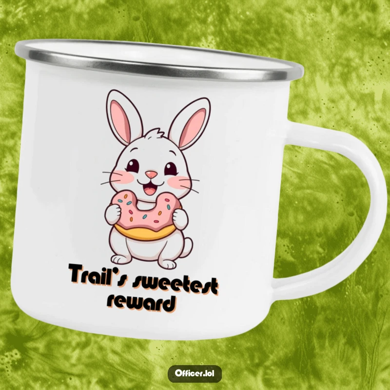 Funny camping mug with a delighted rabbit holding a donut, a sweet and humorous addition to any outdoor excursion.